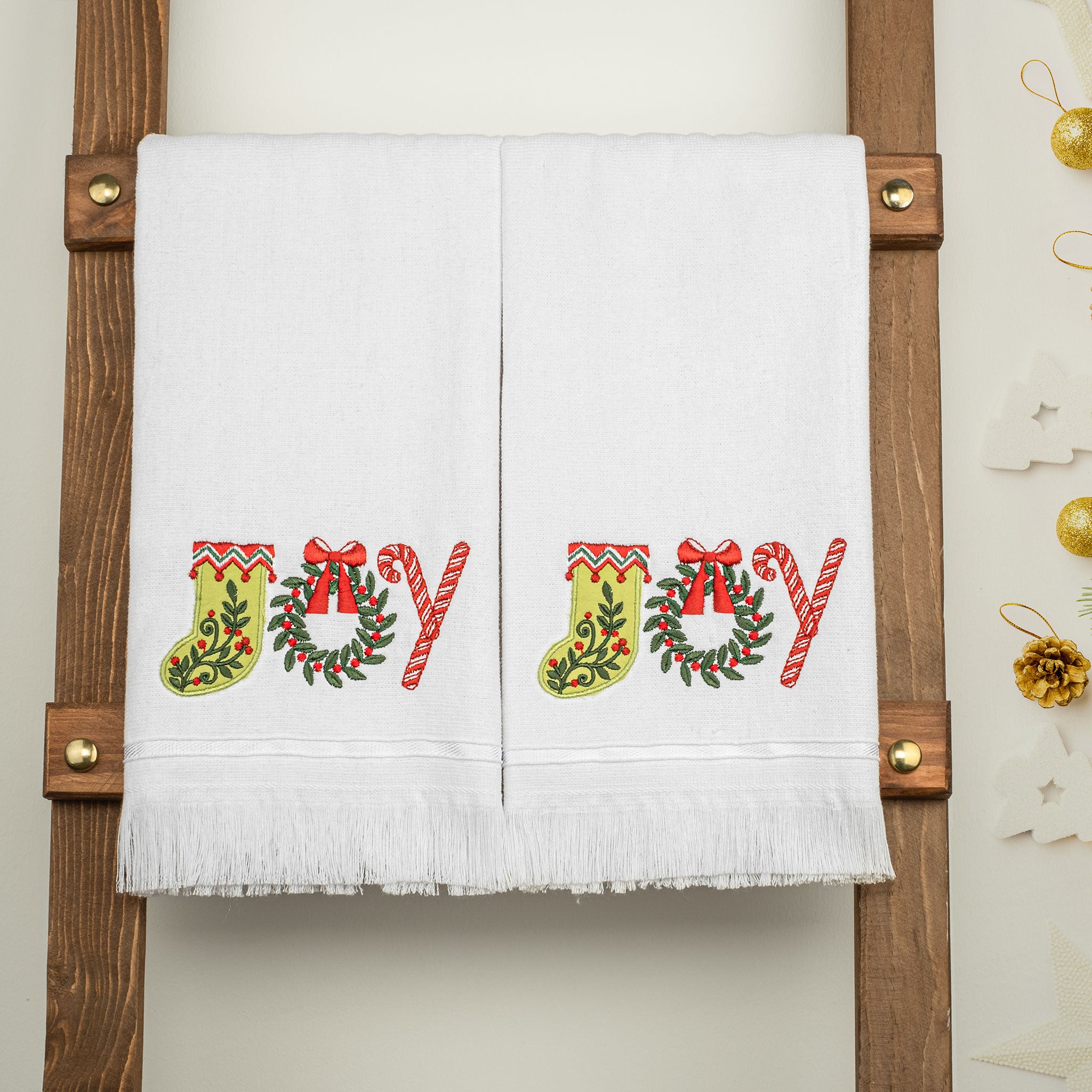  American-softlinen - Christmas Towels Set 2 Packed Embroidered Turkish Cotton Hand Towels - Joy Lettering - 5