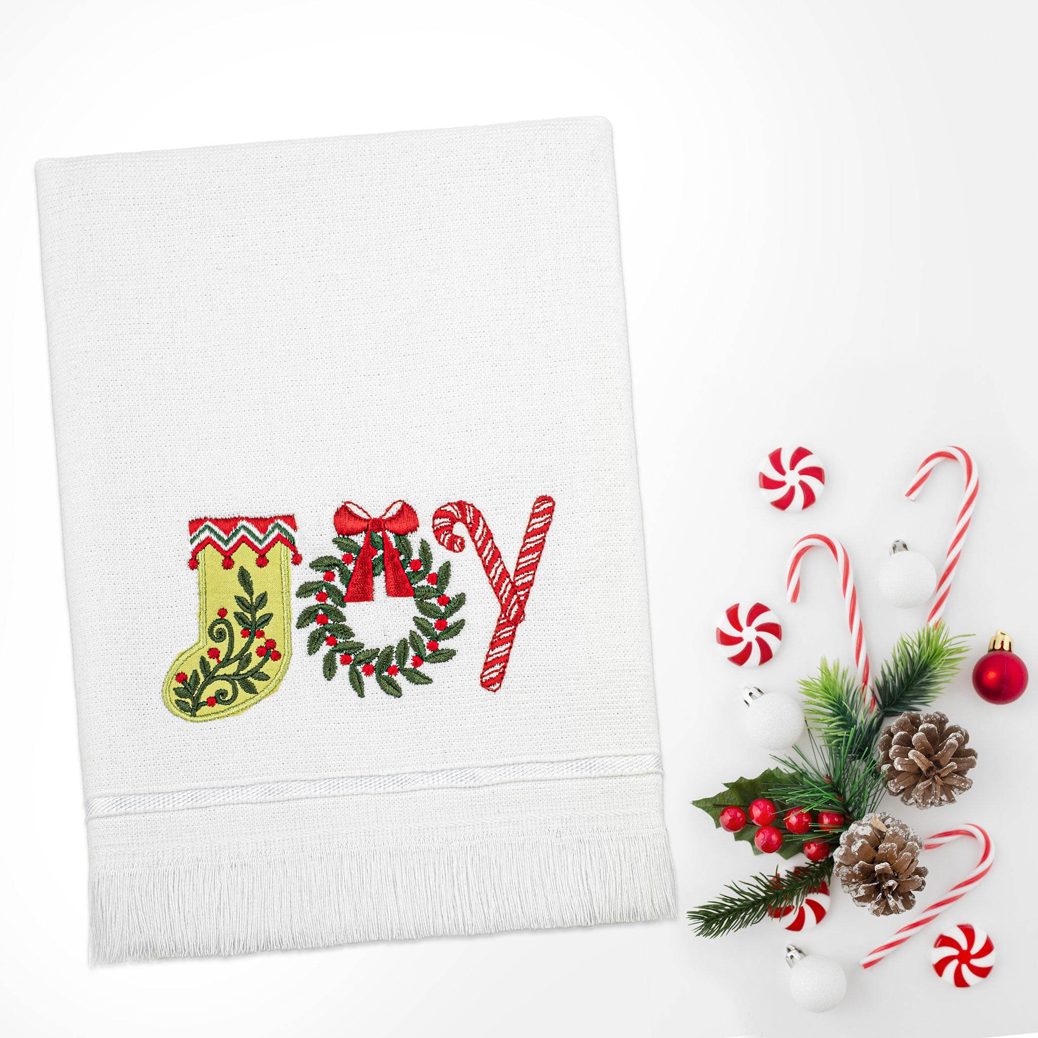  American-softlinen - Christmas Towels Set 2 Packed Embroidered Turkish Cotton Hand Towels - Joy Lettering - 6