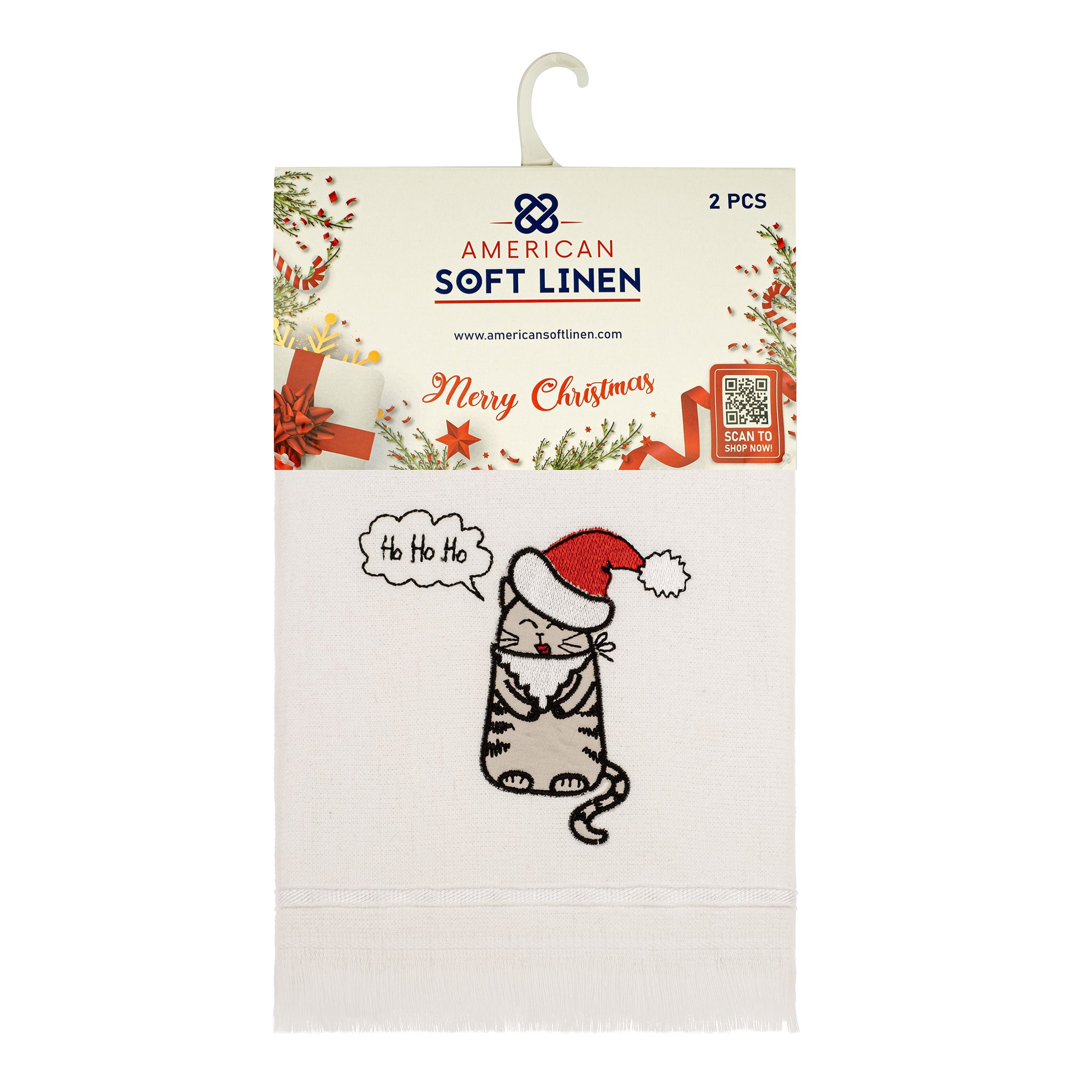  American-softlinen - Christmas Towels Set 2 Packed Embroidered Turkish Cotton Hand Towels - Joy Cat - 8