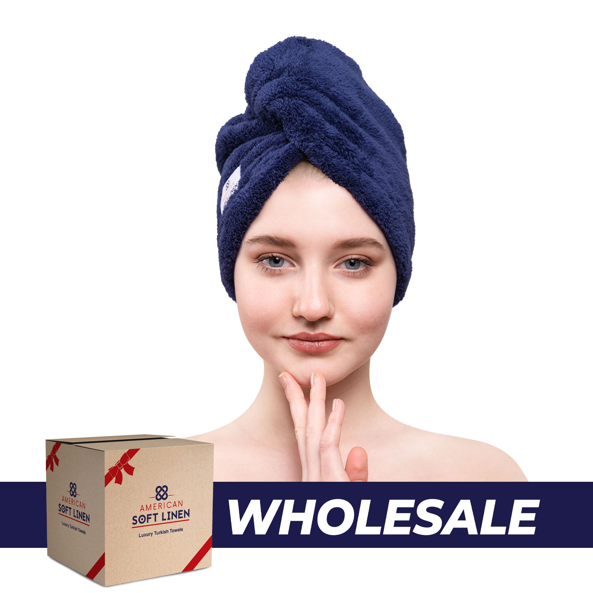 American-softlinen - Hair Drying Towel - 2-PACKED - 50 Piece Case Pack - Navy-Blue - 0
