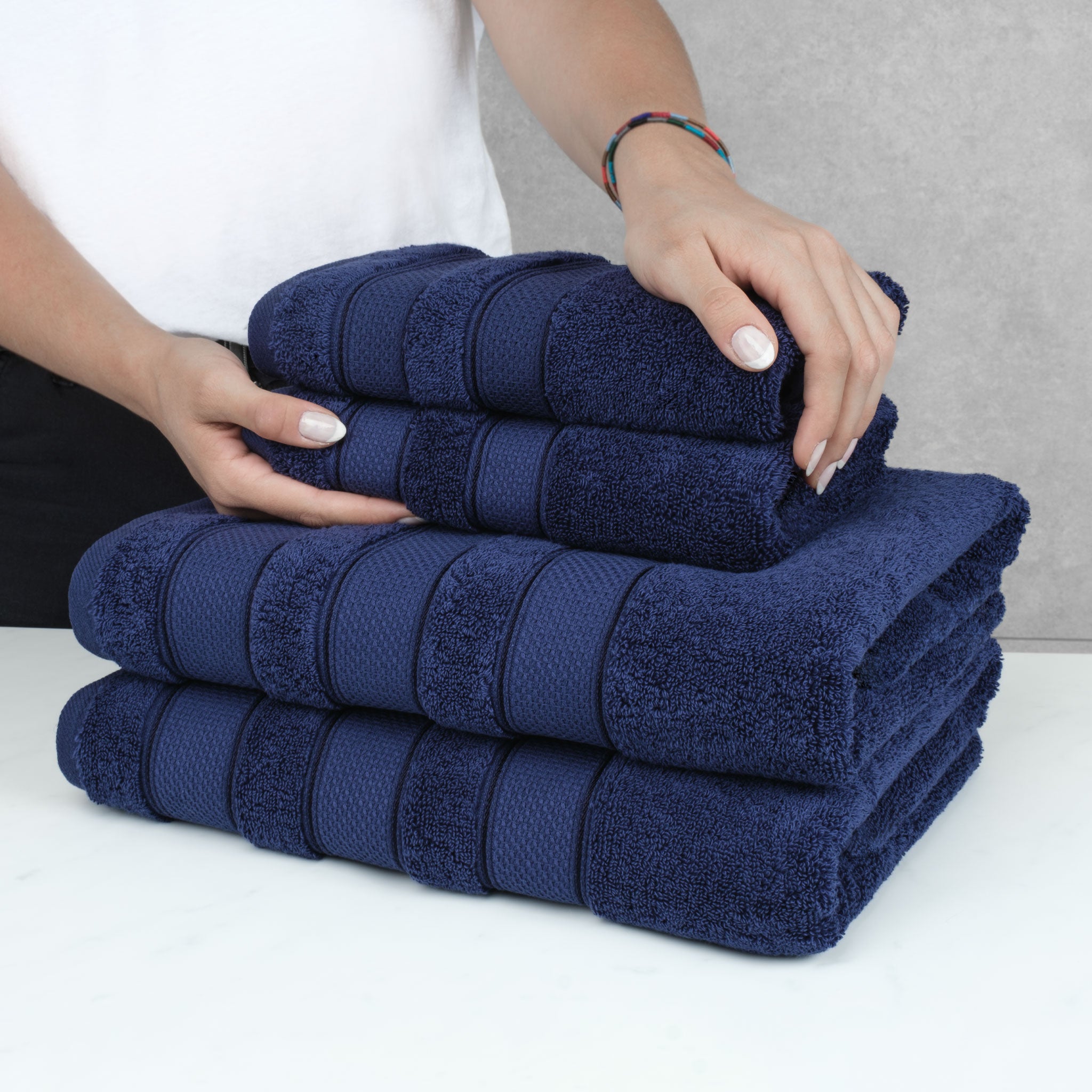 American-softlinen - Salem 6 Piece Turkish Combed Cotton Luxury Bath Towel Set - 10 Set Case Pack - Navy-Blue - 6