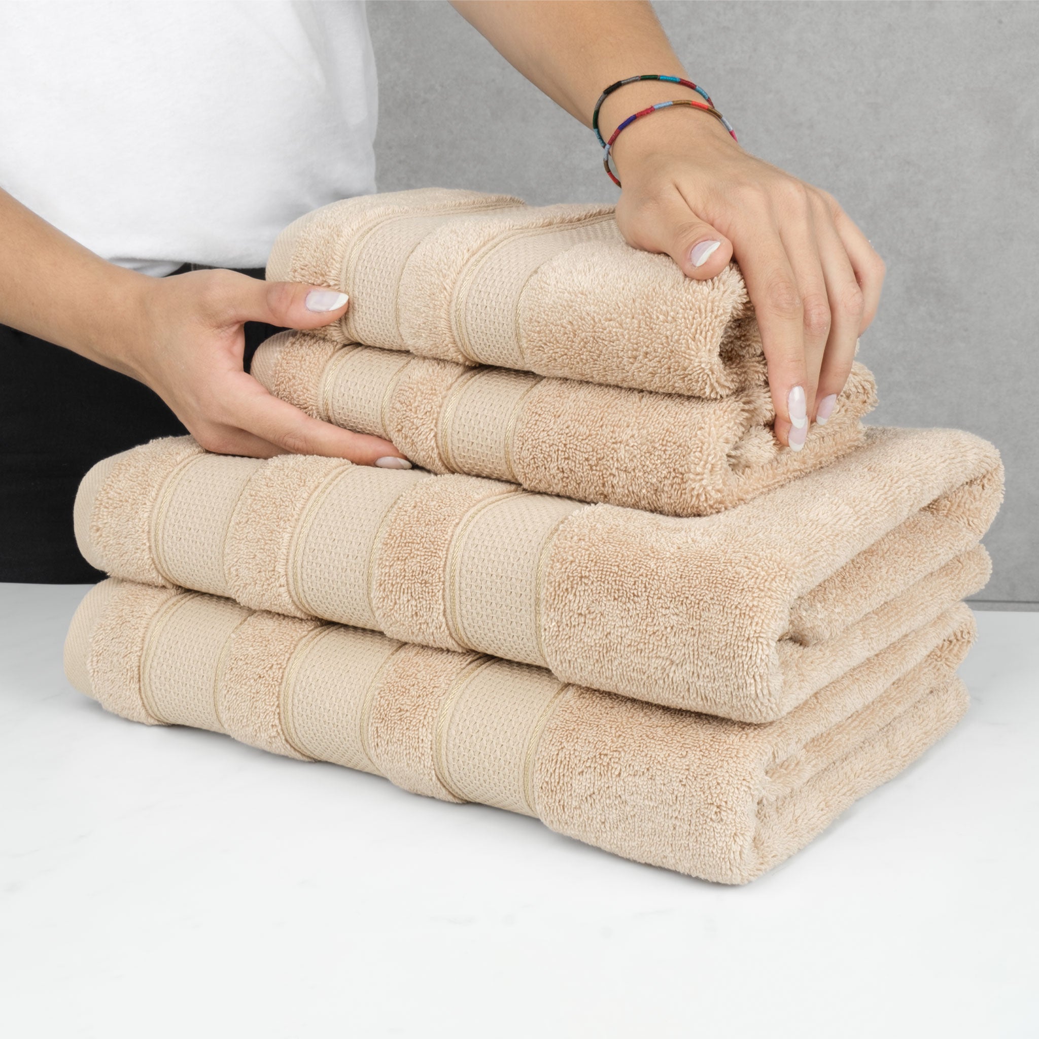 American-softlinen - Salem 6 Piece Turkish Combed Cotton Luxury Bath Towel Set - 10 Set Case Pack - Sand-Taupe - 6